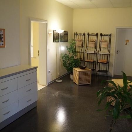 Wartebereich mit Stühlen, Pflanzen und einem weißen Schrank