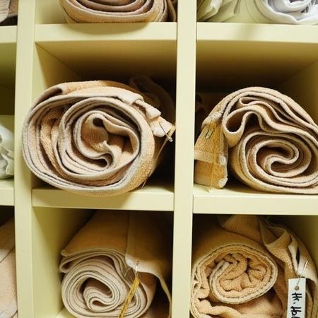 Aufgerollte Handtücher auf Regalen